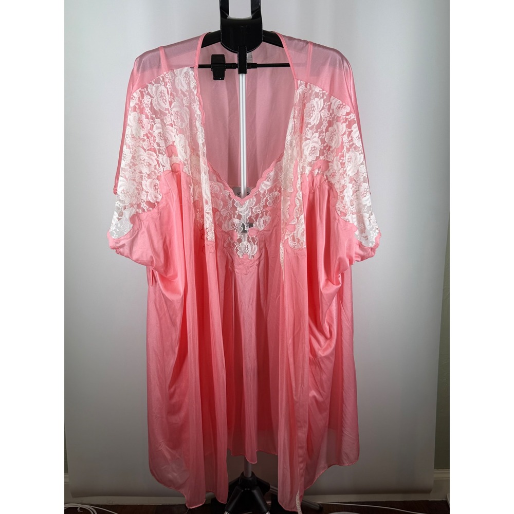 Ventura Pink Lace Trim Lingerie Set Nightgown and Robe Plus Size 5X 2 Piece